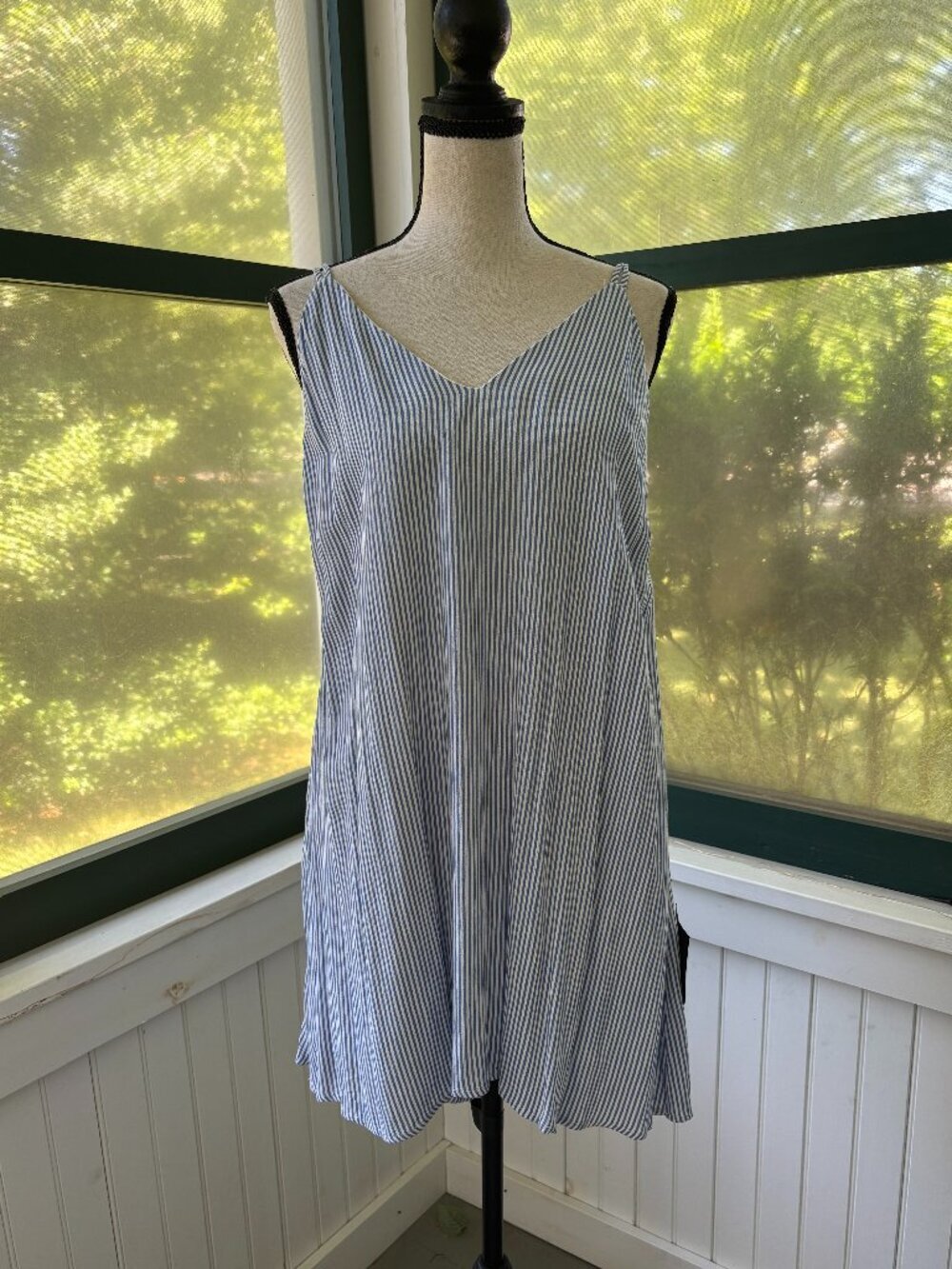 Lulus Blue White Stripe Tie-Back Mini Swing Dress | V-Neck | Size M | NWT